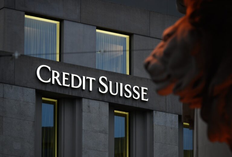 Sign of Switzerland's second largest bank Credit Suisse on a branch's building in downtown Geneva. (FABRICE COFFRINI/AFP via Getty Images)