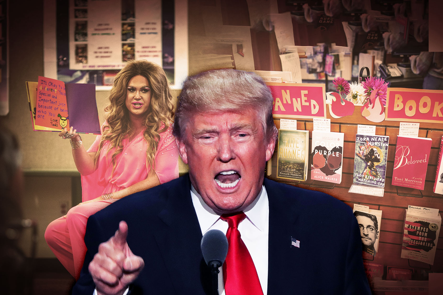 Donald Trump | Drag queen "Pickle" reads from a book during the Drag Queen Story Hour program at the West Valley Regional Branch Library | Display of banned books or censored books at Books Inc independent bookstore in Alameda, California (Photo illustration by Salon/Getty Images)