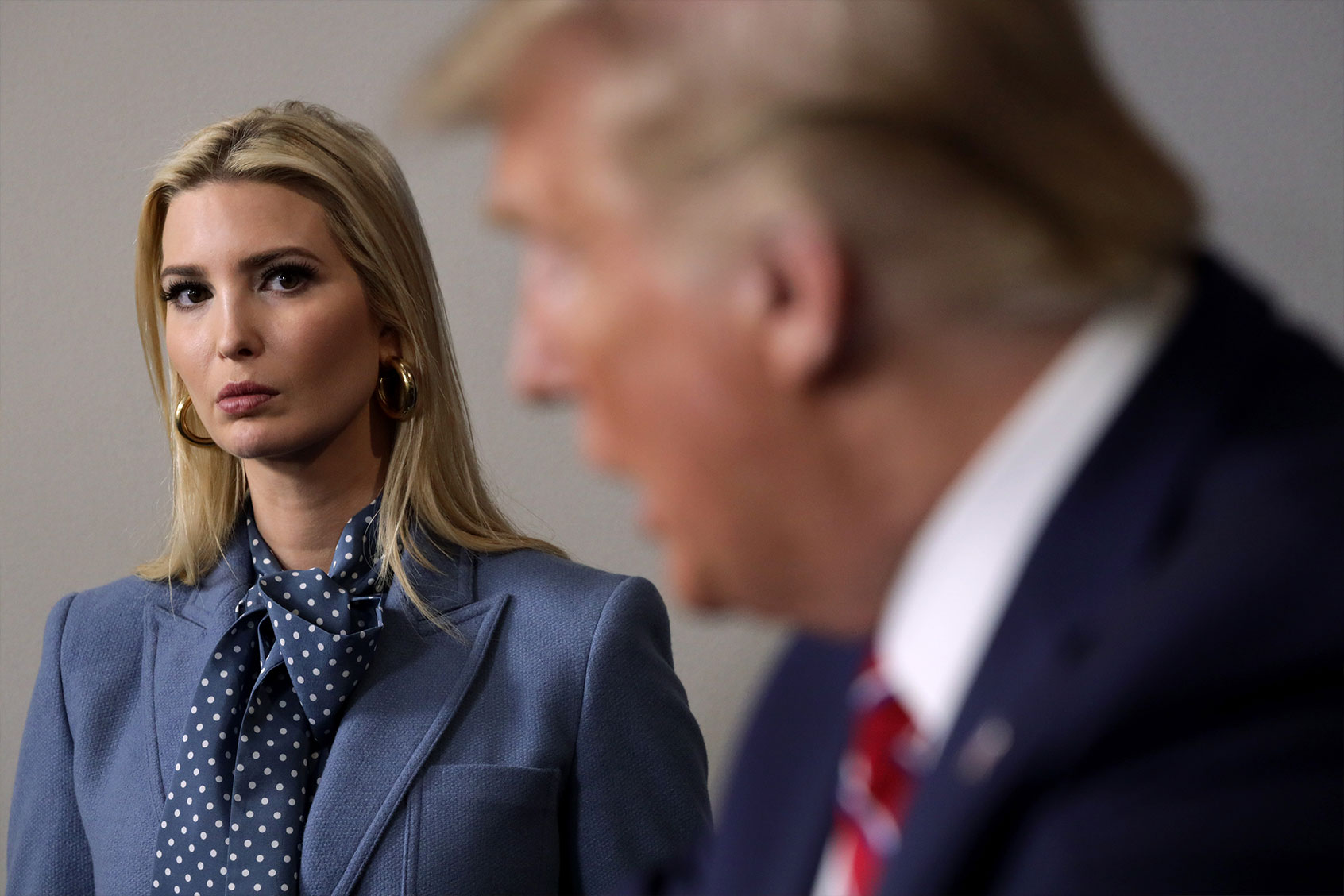 U.S. President Donald Trump speaks as his daughter and senior adviser Ivanka Trump looks on during a news briefing at the James Brady Press Briefing Room at the White House March 20, 2020 in Washington, DC. (Alex Wong/Getty Images)