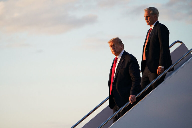 US President Donald Trump followed by US Representative Kevin McCarthy (R-CA) steps off Air Force One on May 30, 2020 at Joint Base Andrews, Maryland. (MANDEL NGAN/AFP via Getty Images)