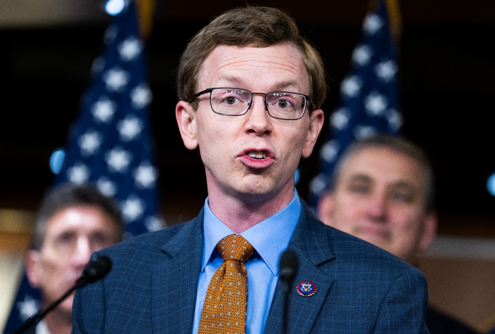 Rep. Dusty Johnson, R-S.D., speaks during a news conference in the Capitol Visitor Center on Wednesday, January 11, 2023. (Tom Williams/CQ-Roll Call, Inc via Getty Images)