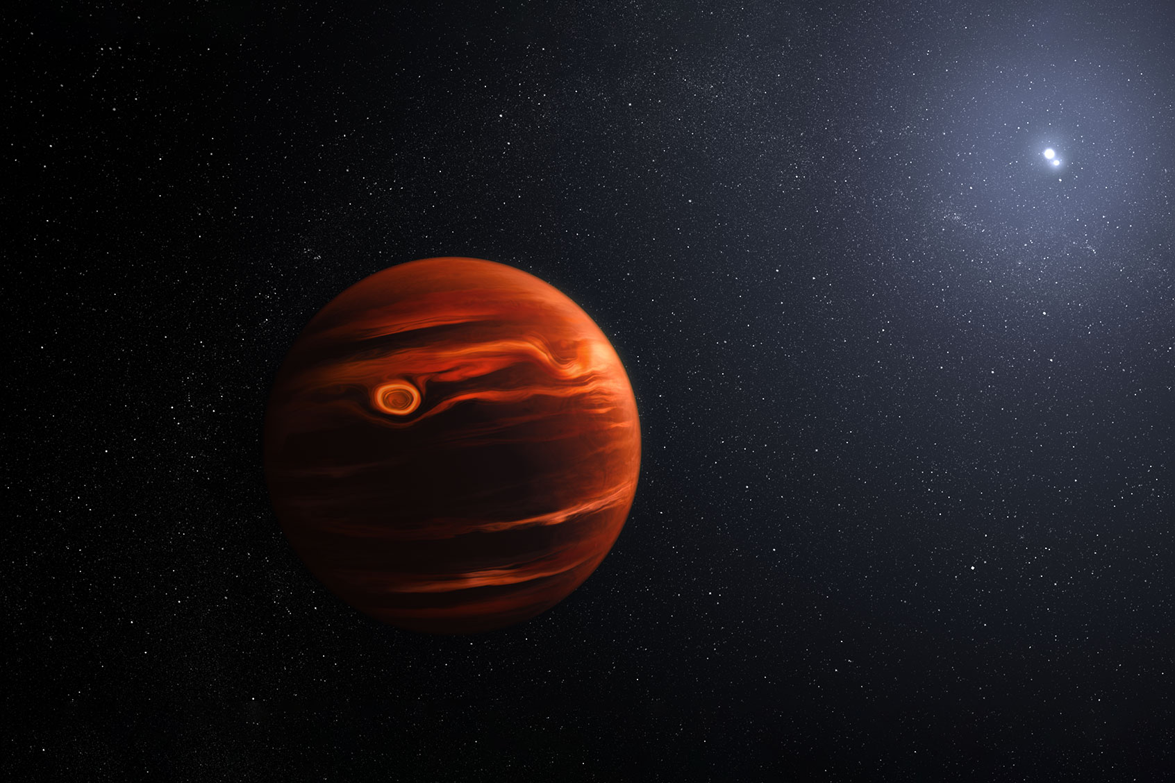 This illustration conceptualizes the swirling clouds identified by the James Webb Space Telescope in the atmosphere of the exoplanet VHS 1256 b. (NASA, ESA, CSA, J. Olmsted (STScI))