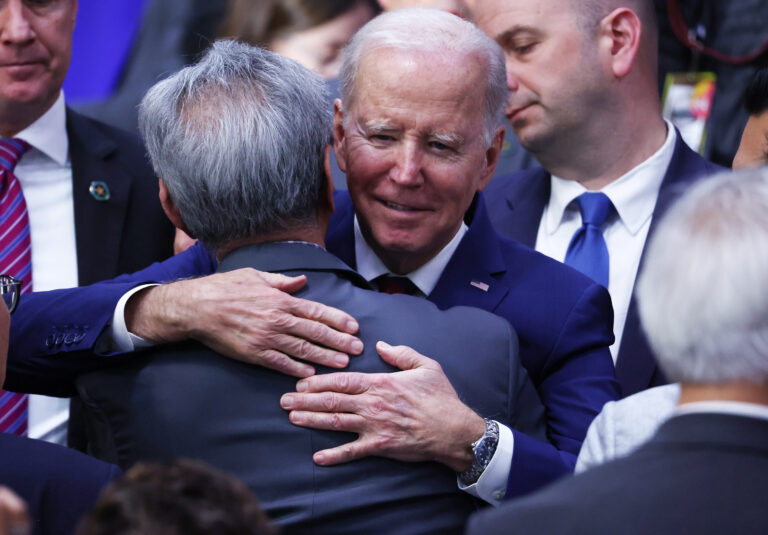 President Joe Biden hugs an audience member after delivering remarks at the Boys and Girls Club of West San Gabriel Valley on March 14, 2023 in Monterey Park, California. (Mario Tama/Getty Images)