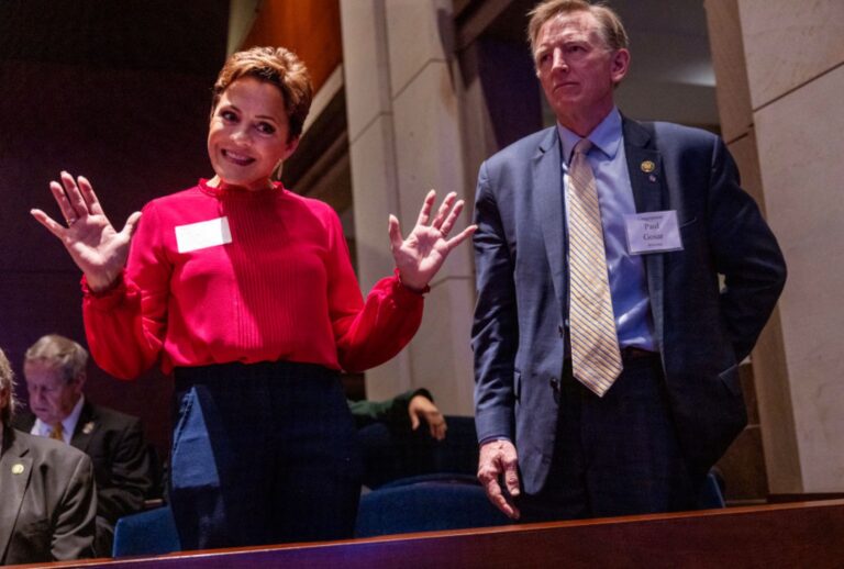 Former Arizona Republican gubernatorial candidate Karie Lake and U.S. Rep. Paul Gosar (R-AZ) stand together at the National Prayer Breakfast at the U.S. Capitol on February 02, 2023 in Washington, DC. (Kevin Dietsch/Getty Images)