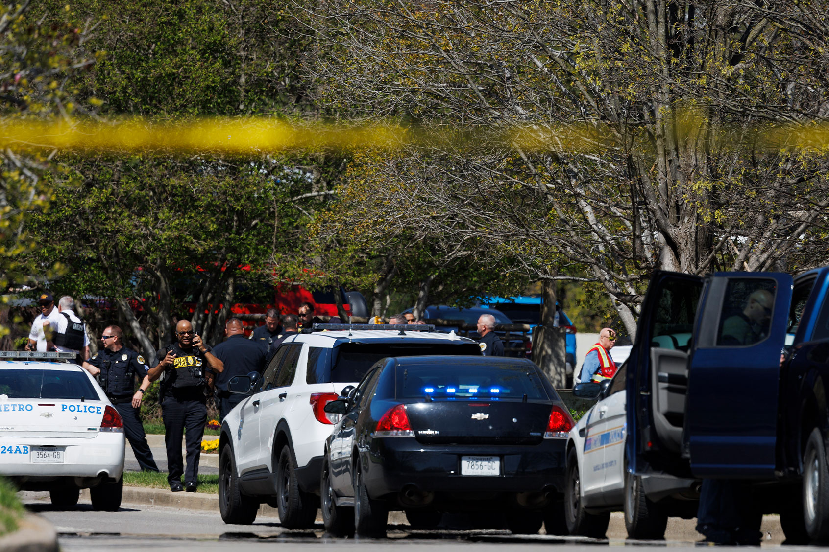 Police work near the scene of a mass shooting at the Covenant School on March 27, 2023 in Nashville, Tennessee. (Brett Carlsen/Getty Images)