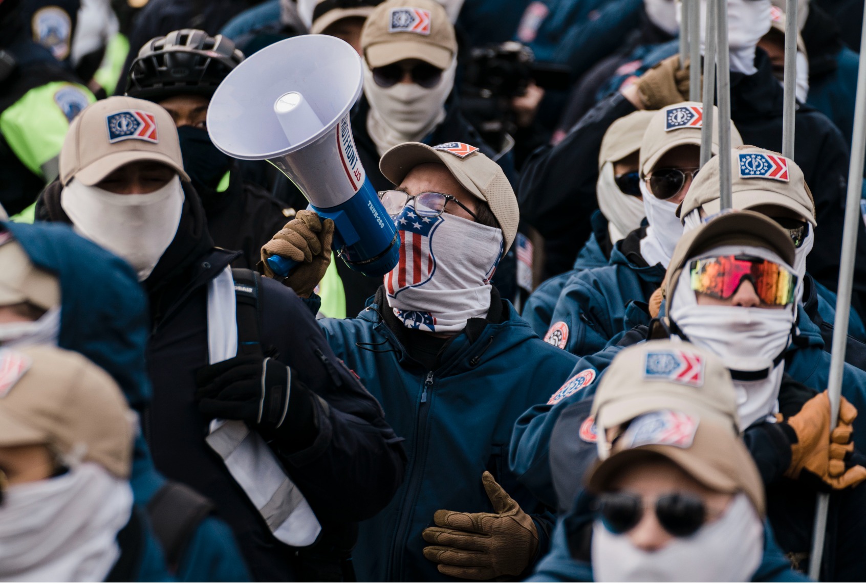 Members of the right-wing group Patriot Front march with anti-abortion activists during the annual March for Life on Jan. 21, 2022 in Washington, DC. (Kent Nishimura / Los Angeles Times via Getty Images)