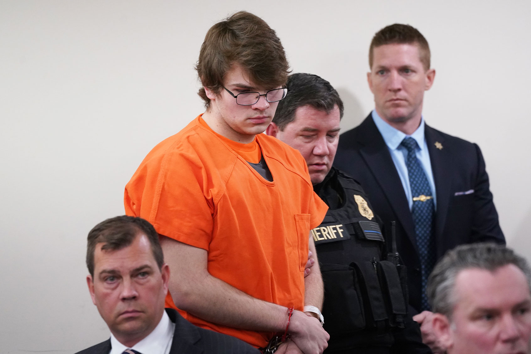 Payton Gendron (C) is escorted back into the courtroom by deputies after a disruption during sentencing in Buffalo, New York State, the United States, on Feb. 15, 2023. (Derek Gee/Buffalo News/Pool via Xinhua/Getty Images)