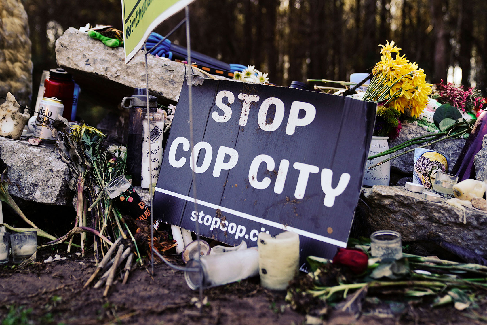 A makeshift memorial for environmental activist Manuel Teran, who was deadly assaulted by law enforcement during a raid to clear the construction site of a police training facility that activists have nicknamed "Cop City" near Atlanta, Georgia on February 6, 2023. (CHENEY ORR/AFP via Getty Images)