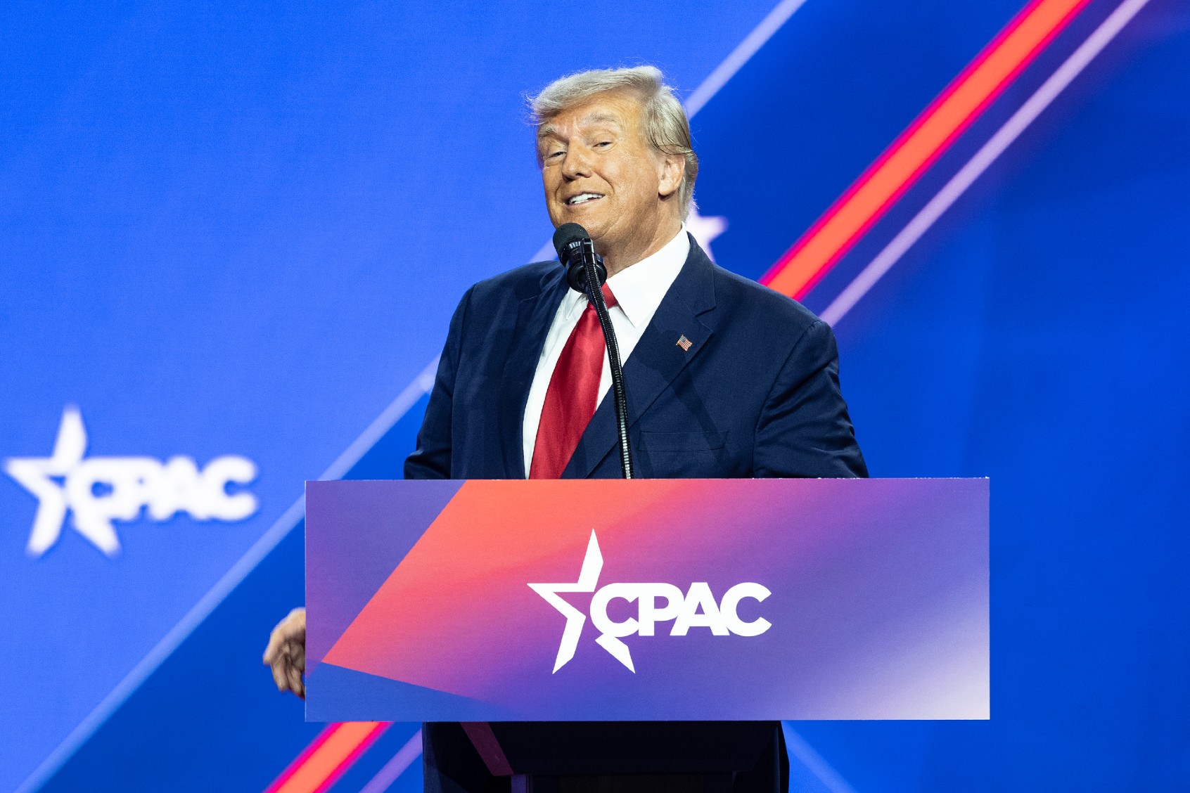 Donald J. Trump delivering his speech at CPAC on March 4, 2023 (Lev Radin/Pacific Press/LightRocket via Getty Images)