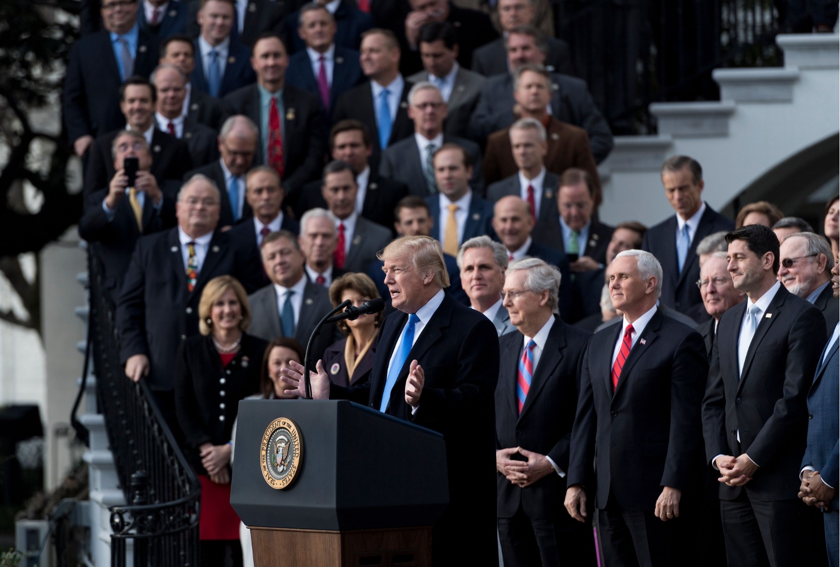 Former President Donald Trump speaks about newly passed tax reform legislation during an event December 20, 2017 at the White House in Washington, DC. (BRENDAN SMIALOWSKI/AFP via Getty Images)