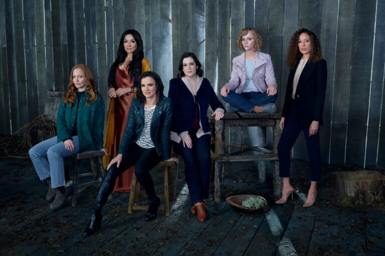 (L-R): Lauren Ambrose as Van, Simone Kessell as Lottie, Juliette Lewis as Natalie, Melanie Lynskey as Shauna, Christina Ricci as Misty and Tawny Cypress as Taissa in "Yellowjackets," Season 2 (Lorenzo Agius/SHOWTIME)