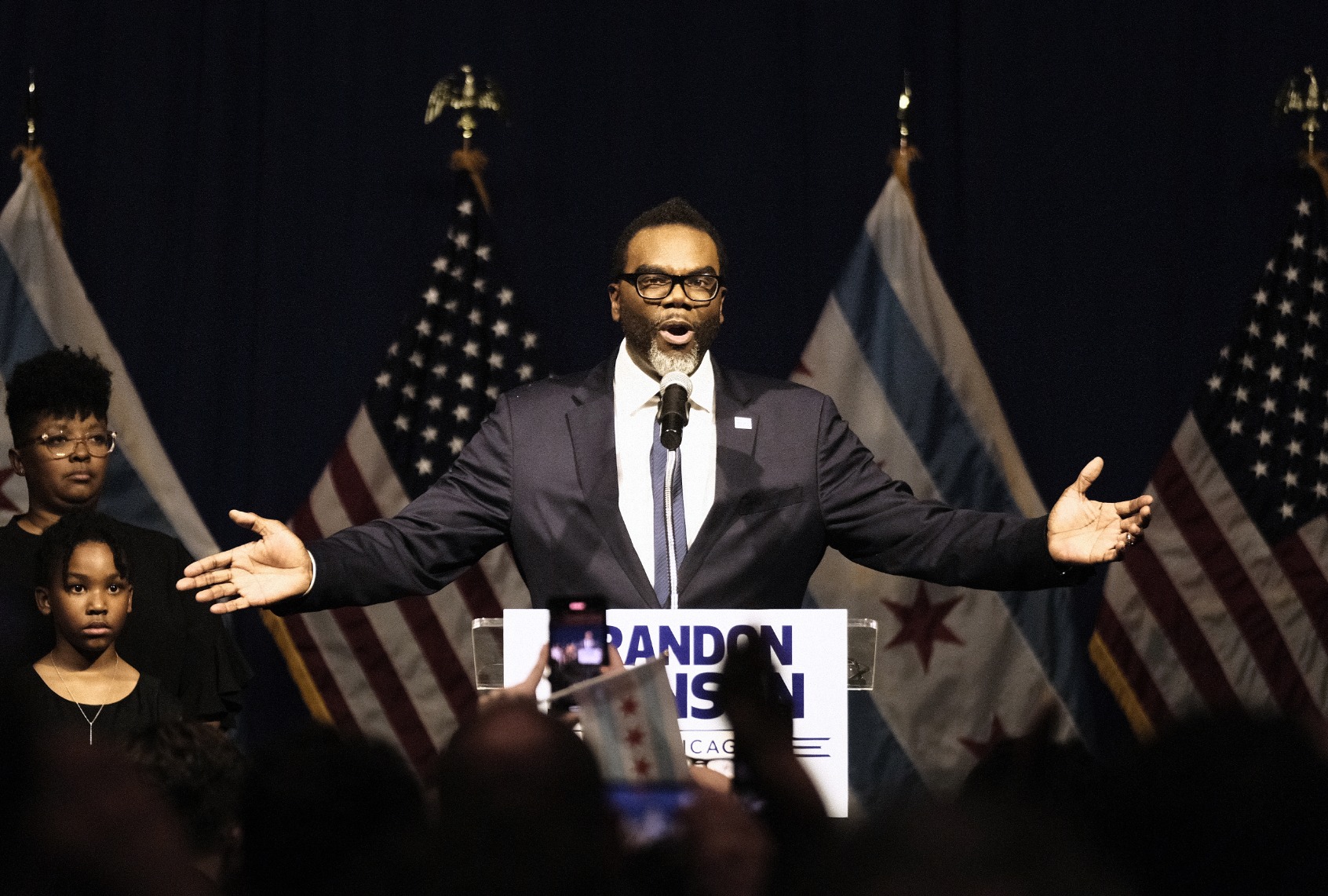 Union organizer and Cook County Commissioner Brandon Johnson speaks after being projected winner as mayor on April 4, 2023 in Chicago, Illinois. (Alex Wroblewski/Getty Images)