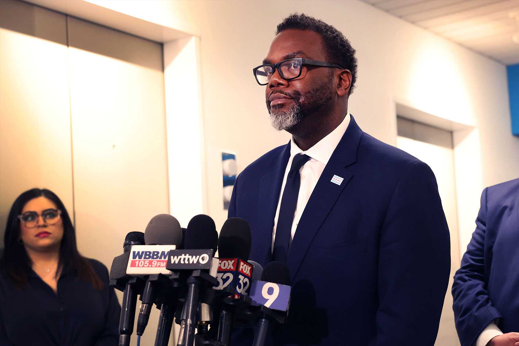 Chicago Mayor-Elect Brandon Johnson speaks to the press after a meeting in the governor's office on April 07, 2023 in Chicago, Illinois. (Scott Olson/Getty Images)