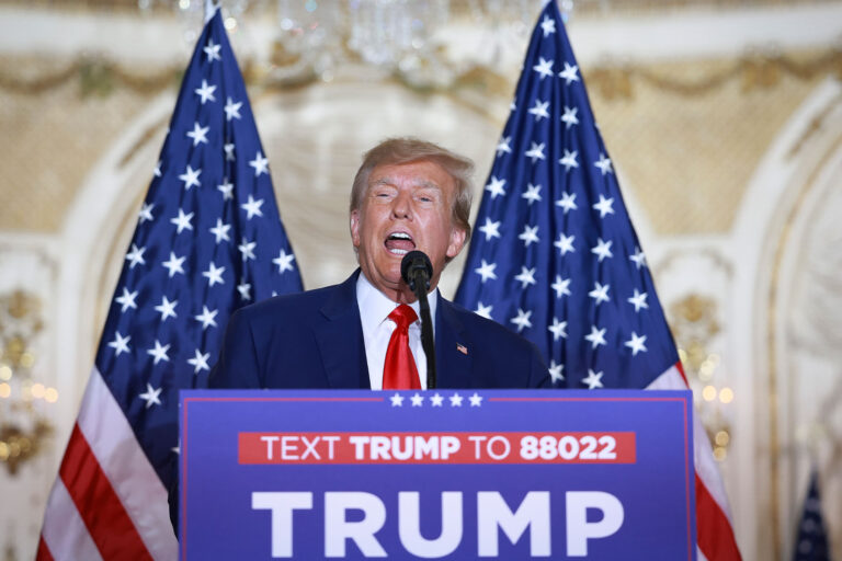 Former U.S. President Donald Trump speaks during an event at the Mar-a-Lago Club April 4, 2023 in West Palm Beach, Florida. (Joe Raedle/Getty Images)