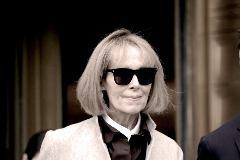 Writer E. Jean Carroll leaves as jury selection is set to begin in the defamation case against former US President Donald Trump brought by Carroll, who accused him of raping her in the 1990s, at the Manhattan Federal Court in New York on April 25, 2023. (KENA BETANCUR/AFP via Getty Images)