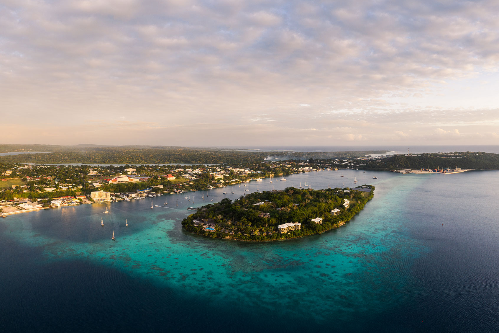 Aerial view of the Iririki island facing Port Vila, Vanuatu capital city in the south pacific (Getty Images/@ Didier Marti)
