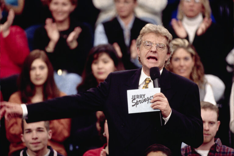 Talk show host Jerry Springer talks to his guests and audience on the set of The Jerry Springer Show. (Ralf-Finn Hestoft/CORBIS/Corbis via Getty Images)