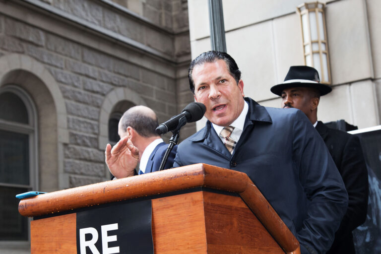 Attorney Joe Tacopina attends a rally protesting the imprisionment of Meek Mill outside the Philadelphia Criminal Justice Center during the rapper's status hearing on April 16, 2018 in Philadelphia, Pennsylvania. (Brian Stukes/Getty Images)