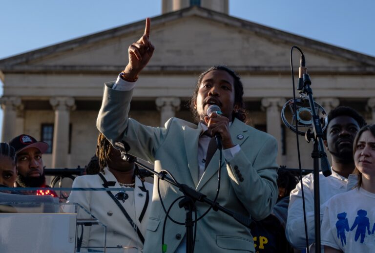 State Rep. Justin Jones of Nashville speaks outside the Capitol on April 10, 2023 in Nashville, Tennessee. The Democrat was reinstated days after being expelled for leading a protest on the House floor for gun reform in the wake of a mass shooting at a Christian school in which three 9-year-old students and three adults were killed by a 28-year-old former student on March 27. (Seth Herald/Getty Images)