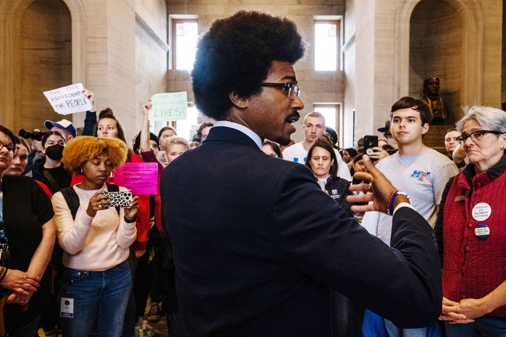 Democratic state Rep. Justin Pearson (R) of Memphis speaks with supporters after being expelled from the state Legislature on April 6, 2023 in Nashville, Tennessee. (Seth Herald/Getty Images)