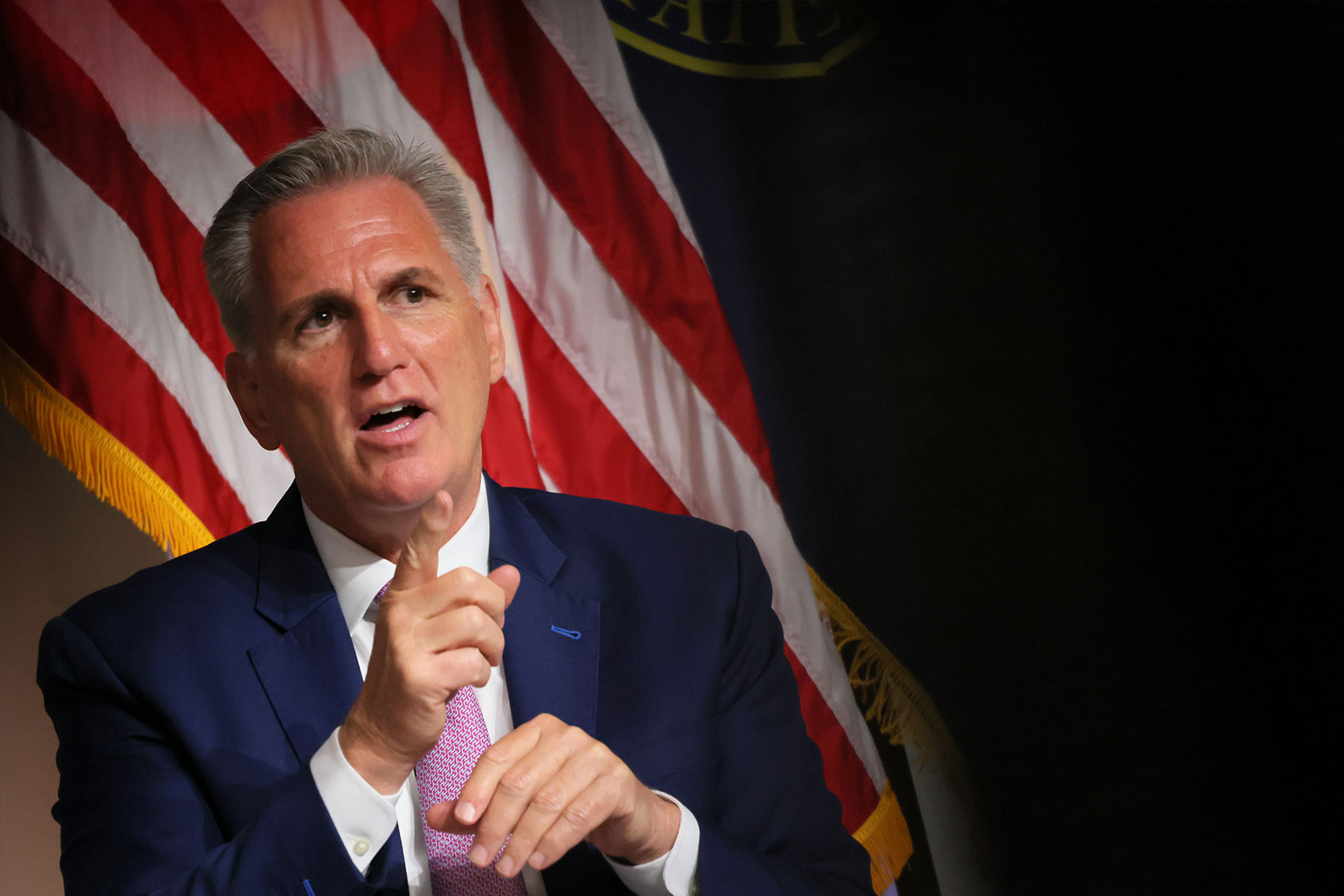 Speaker of the House Kevin McCarthy (R-CA) answers questions from Vice Chairman at NYSE & President at NYSE Institute John Tuttle at the New York Stock Exchange (NYSE) on April 17, 2023 in New York City. (Michael M. Santiago/Getty Images)
