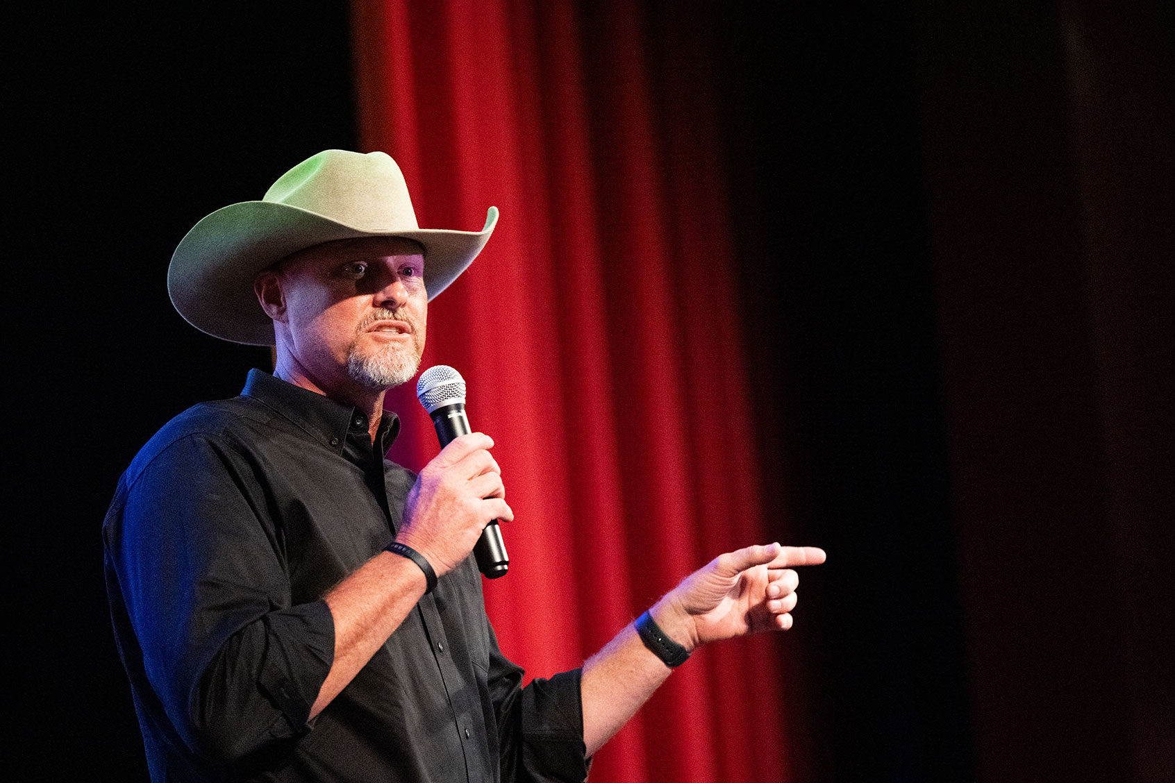 Sheriff of Pinal County Mark Lamb speaks during Republican Senate candidate Jim Lamons town hall event at the Combs Performing Art Center in San Tan Valley, Ariz., on Thursday, July 7, 2022. (Bill Clark/CQ-Roll Call, Inc via Getty Images)