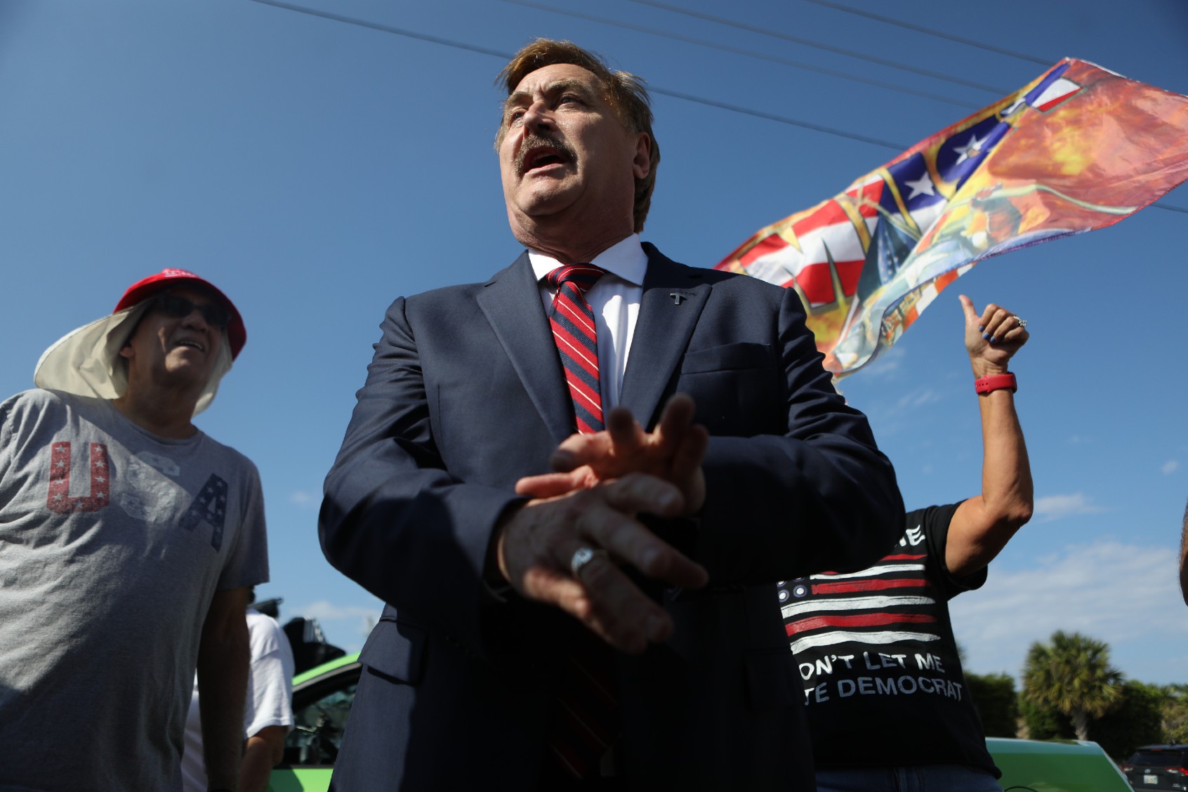 MyPillow Guy CEO Mike Lindell arrives at a gathering of supporters of former U.S. President Donald Trump near Trump's residence at the Mar-a-Lago Club on April 4, 2023 in West Palm Florida. (Octavio Jones/Getty Images)