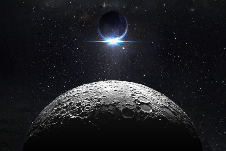 Moon surface with view sunrise of the earth (Getty Images/RomoloTavani)
