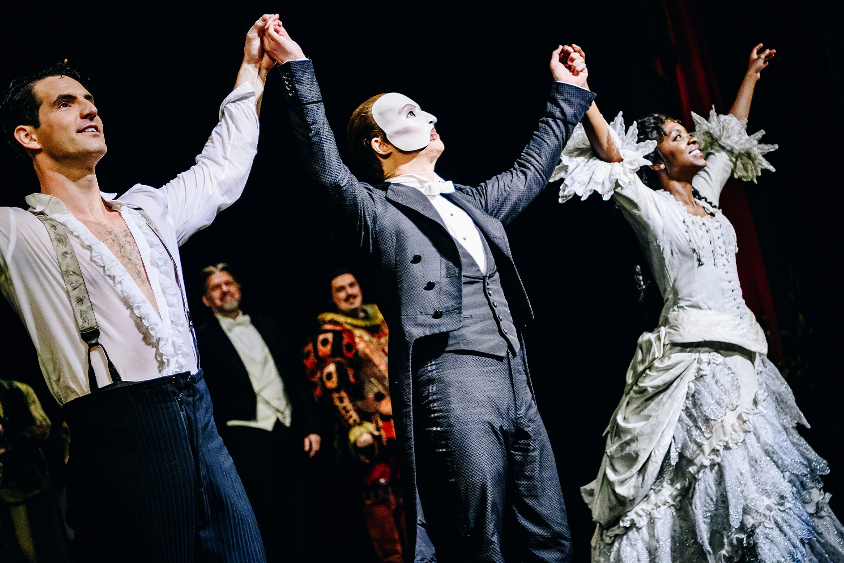 John Riddle, Laird Mackintosh and Emilie Kouatchou at the closing performance of "Phantom of the Opera" held at Majestic Theatre on April 16, 2023 in New York City. (Photo by (Nina Westervelt/Variety via Getty Images)