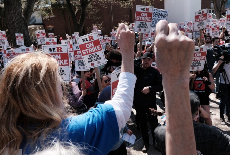 Rutgers students and faculty participate in a strike at the university's main campus on April 10, 2023 in New Brunswick, New Jersey. (Spencer Platt/Getty Images)