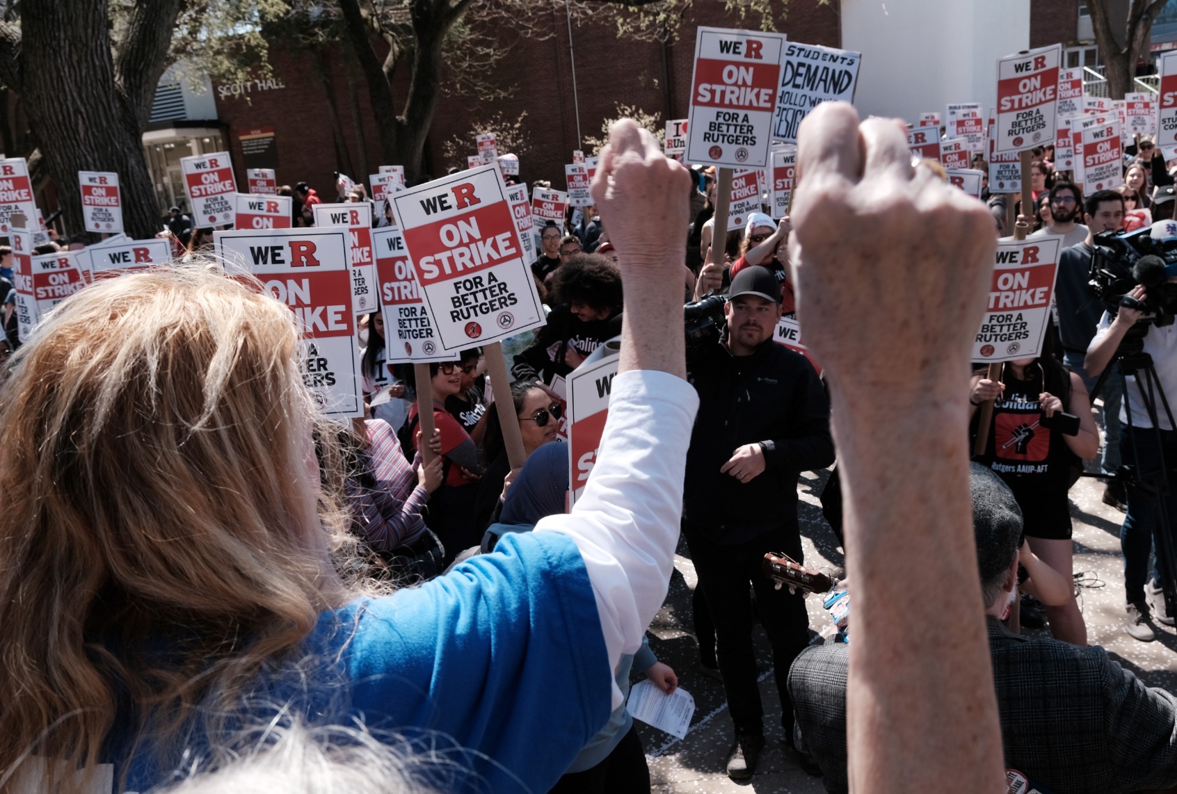 Rutgers students and faculty participate in a strike at the university's main campus on April 10, 2023 in New Brunswick, New Jersey. (Spencer Platt/Getty Images)
