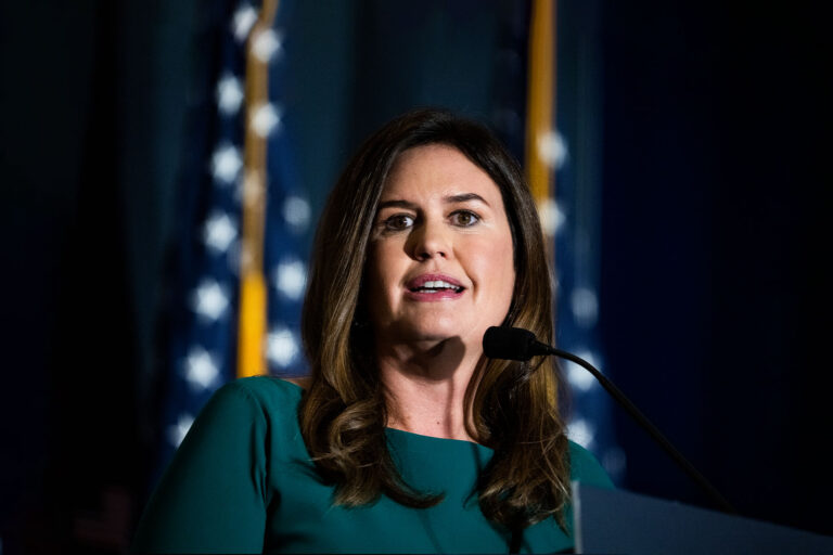 Sarah Huckabee Sanders, former Trump White House press secretary, addresses the America First Policy Institute's America First Agenda Summit at the Marriott Marquis on Tuesday, July 26, 2022. (Tom Williams/CQ-Roll Call, Inc via Getty Images)