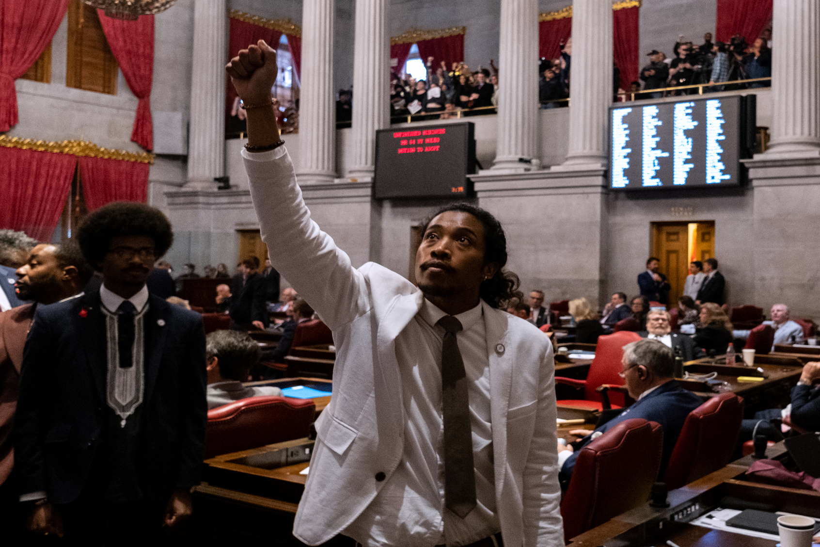 Democratic state Rep. Justin Jones of Nashville gestures during a vote on his expulsion from the state legislature at the State Capitol Building on April 6, 2023 in Nashville, Tennessee. (Photo by Seth Herald/Getty Images)