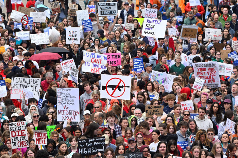 Anti-gun demonstrators protest at the Tennessee Capitol for stricter gun laws in Nashville, Tennessee, on April 3, 2023. (JOHN AMIS/AFP via Getty Images)