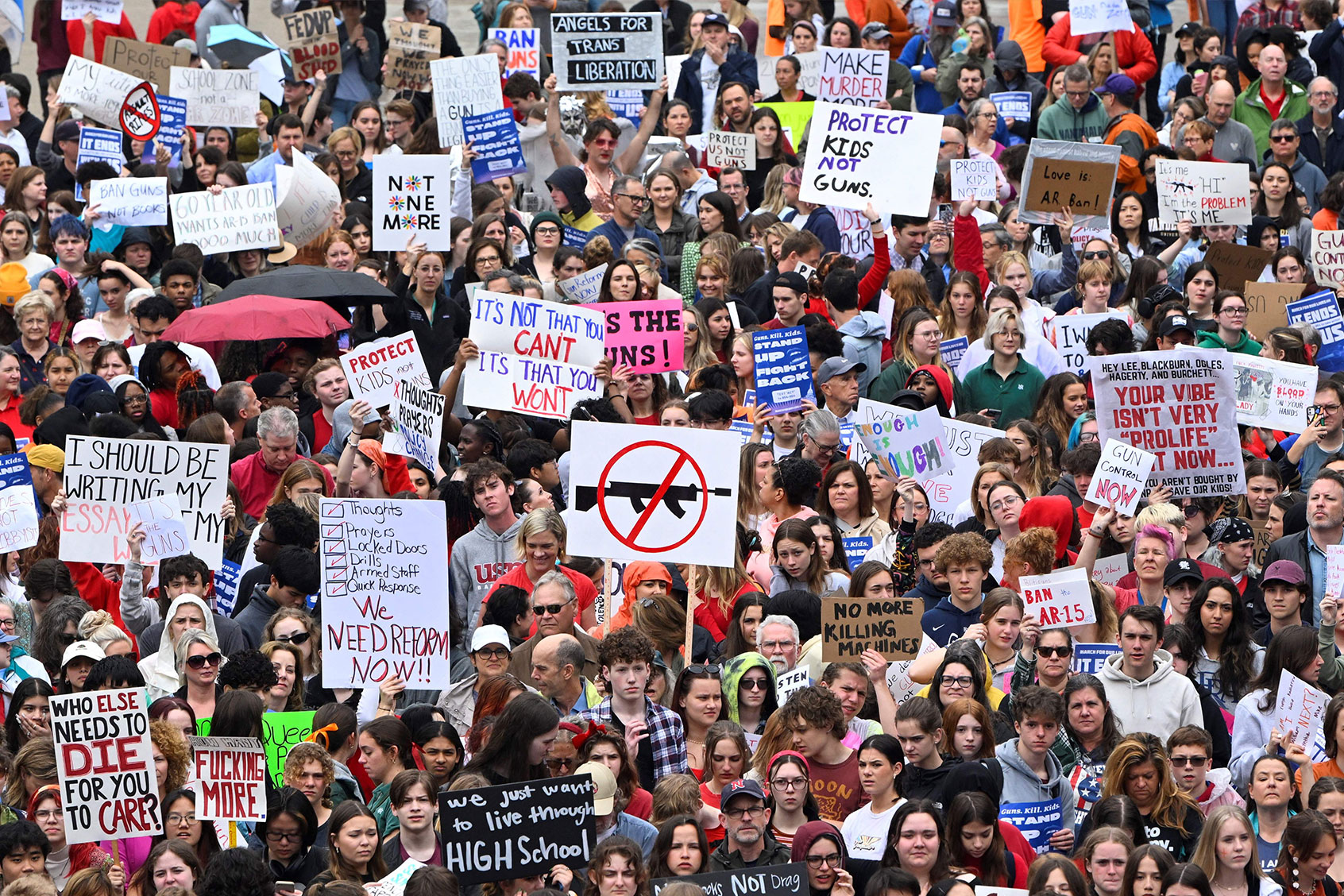 Anti-gun demonstrators protest at the Tennessee Capitol for stricter gun laws in Nashville, Tennessee, on April 3, 2023. (JOHN AMIS/AFP via Getty Images)