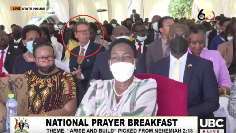 The Family's Uganda point man, Tim Kreutter (highlighted), a co-founder of Uganda's National Prayer Breakfast, listens during the Oct. 8, 2022, event, during which Uganda's president rallied listeners to resist western pressure for LGBTQ+ tolerance. (Screengrab/UBC Television Uganda)