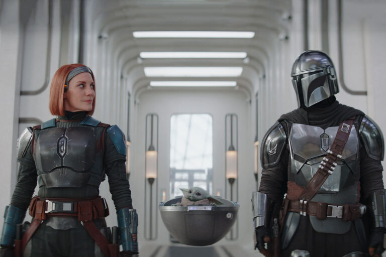 Bo-Katan Kryze (Katee Sackhoff), Grogu, and Din Djarin (Pedro Pascal) in "The Mandalorian" (Lucasfilm Ltd./Disney+)
