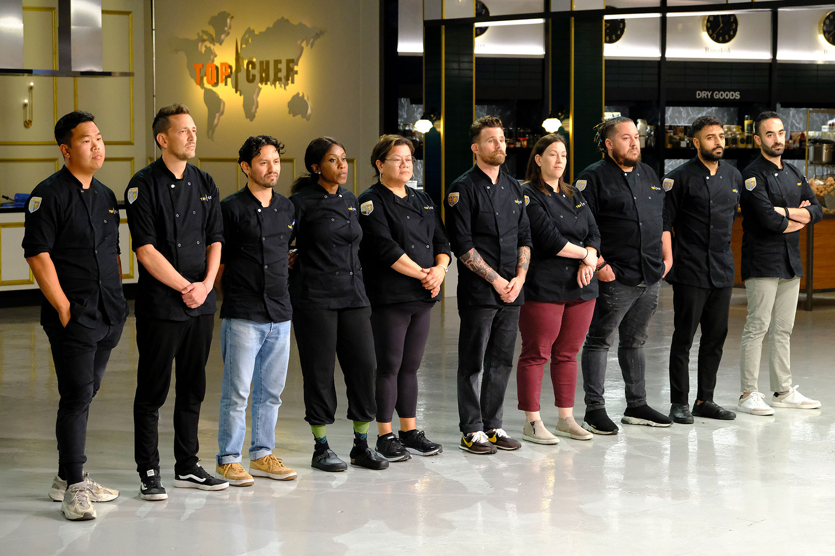 Buddha Lo, Tom Goetter, Gabriel Rodriguez, Victoire Gouloubi, Nicole Gomes, Dale MacKay, Nicole Gomes, Amar Santana, Ali Al Ghzawi and Charbel Hayek in "Top Chef World All Stars" (David Moir/Bravo)