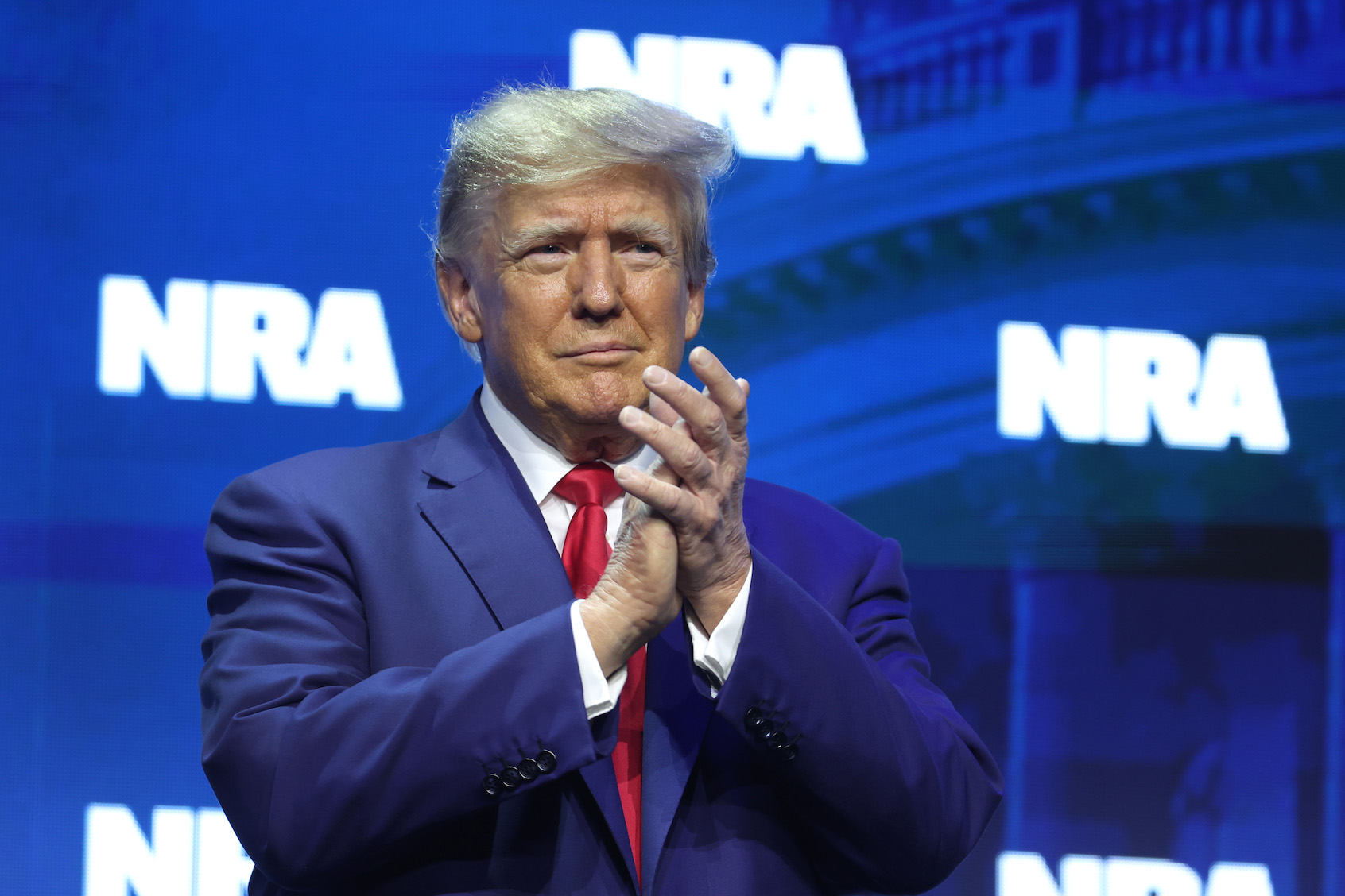 Former President Donald Trump speaks to guests at the 2023 NRA-ILA Leadership Forum on April 14, 2023 in Indianapolis, Indiana. (Scott Olson/Getty Images)