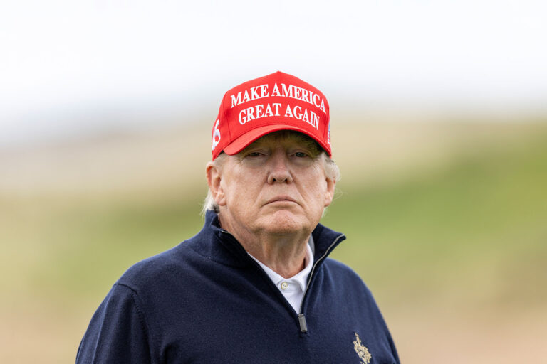 Former U.S. President Donald Trump during a round of golf at his Turnberry course on May 2, 2023 in Turnberry, Scotland. (Robert Perry/Getty Images)