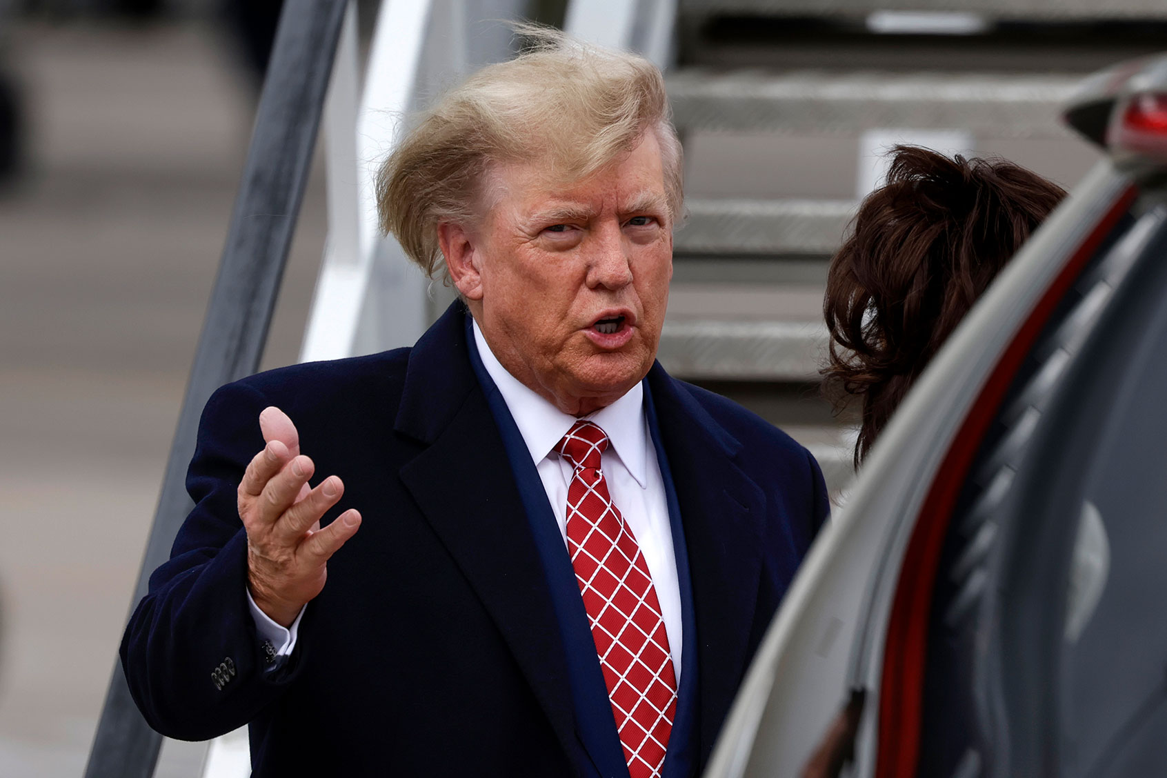 Former U.S. President Donald Trump disembarks his plane "Trump Force One" at Aberdeen Airport on May 1, 2023 in Aberdeen, Scotland. (Jeff J Mitchell/Getty Images)