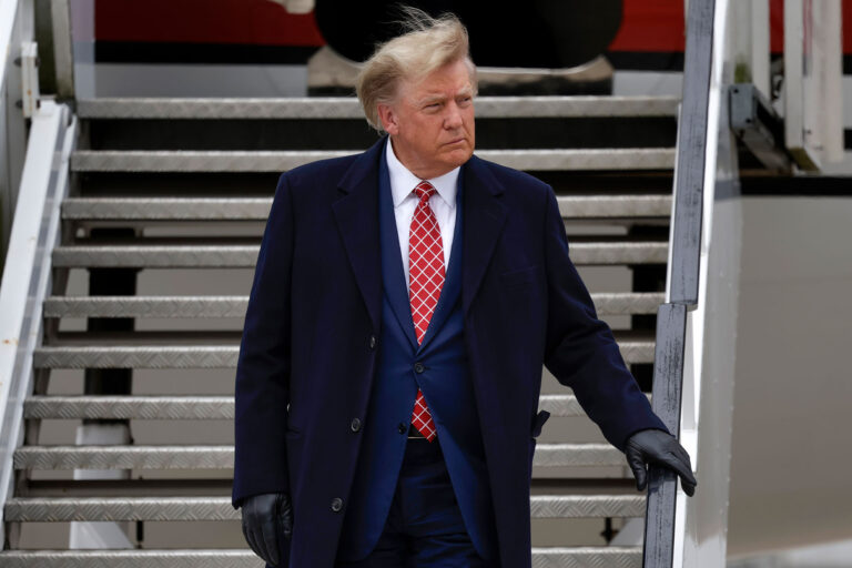 Former U.S. President Donald Trump disembarks his plane "Trump Force One" at Aberdeen Airport on May 1, 2023 in Aberdeen, Scotland. (Jeff J Mitchell/Getty Images)
