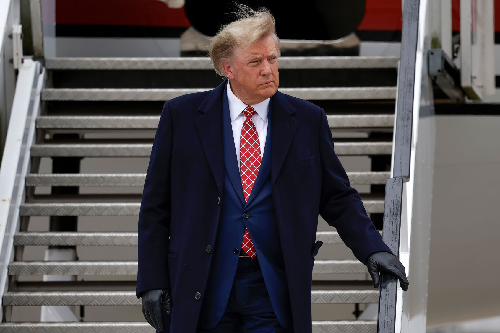 Former U.S. President Donald Trump disembarks his plane "Trump Force One" at Aberdeen Airport on May 1, 2023 in Aberdeen, Scotland. (Jeff J Mitchell/Getty Images)