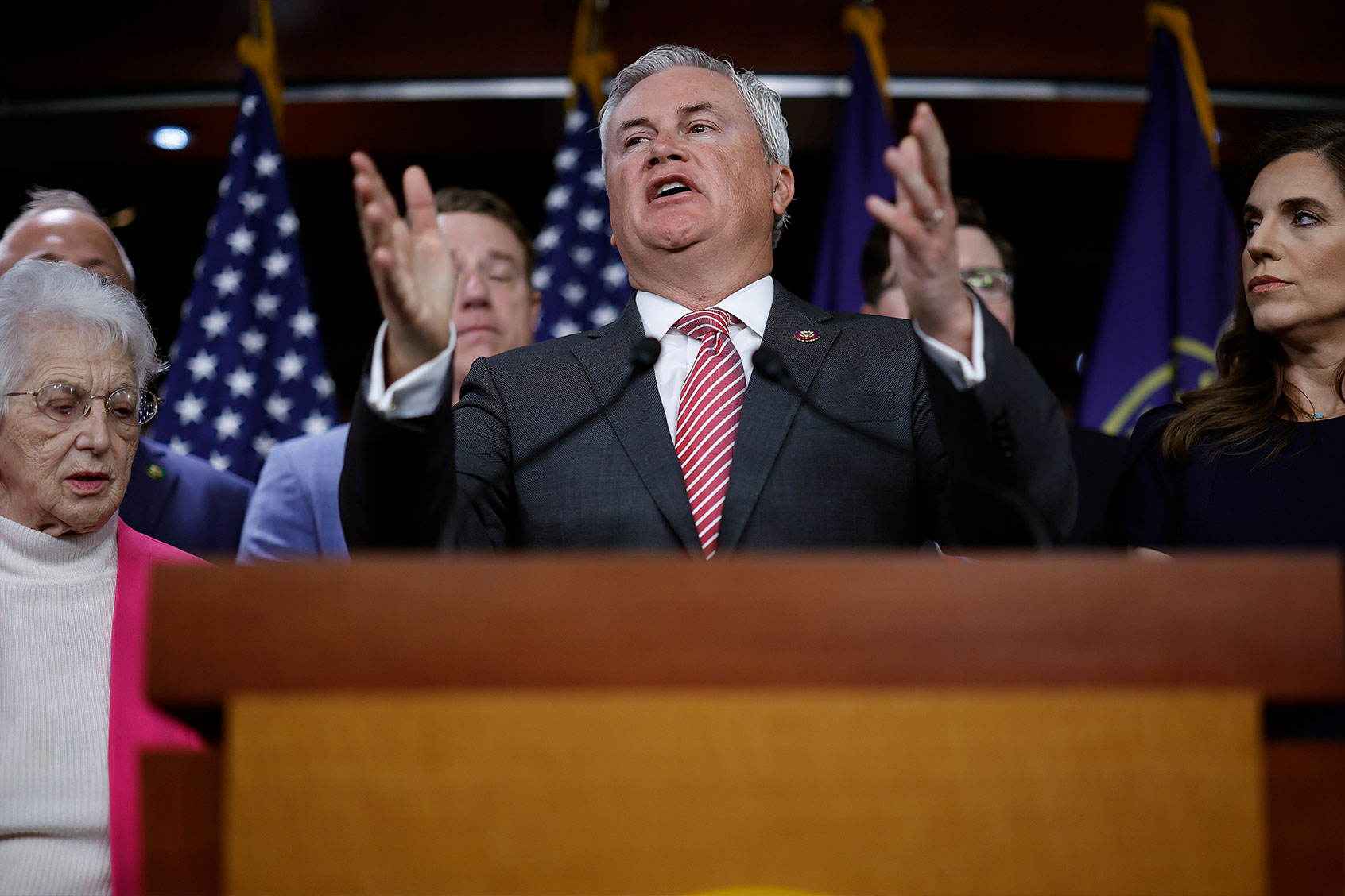 House Oversight and Accountability Committee Chairman James Comer (R-KY) and other Republican members of the committee hold a news conference to present preliminary findings into their investigation into President Joe Biden's family on May 10, 2023 in Washington, DC. (Chip Somodevilla/Getty Images)
