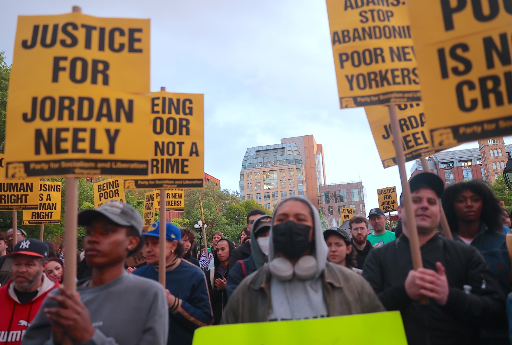 Hundreds of demonstrators hold banners in New York City gather in Washington Square Park on May 5, 2023. (Selcuk Acar/Anadolu Agency via Getty Images)
