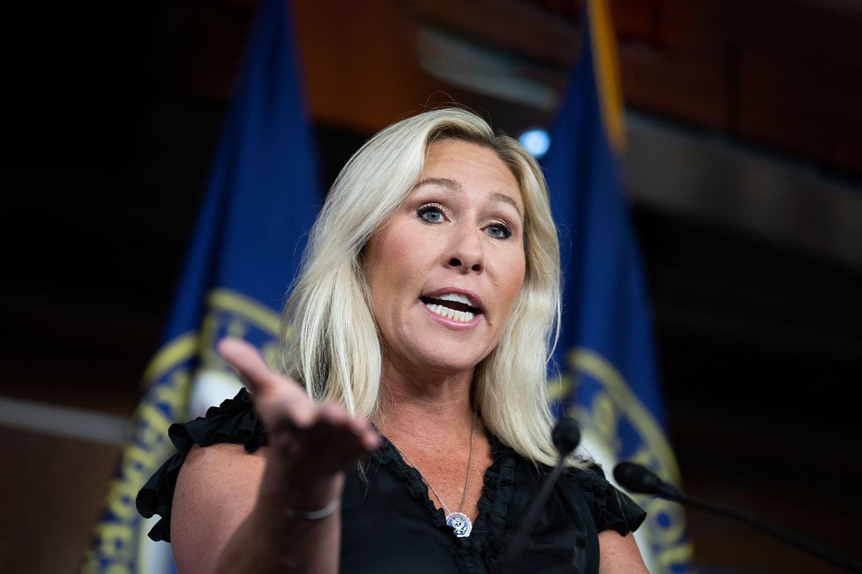 Rep. Marjorie Taylor Greene, R-Ga., conducts a news conference in the Capitol Visitor Center on her plans to file articles of impeachment against President Biden on Thursday, May 18, 2023. (Tom Williams/CQ-Roll Call, Inc via Getty Images)