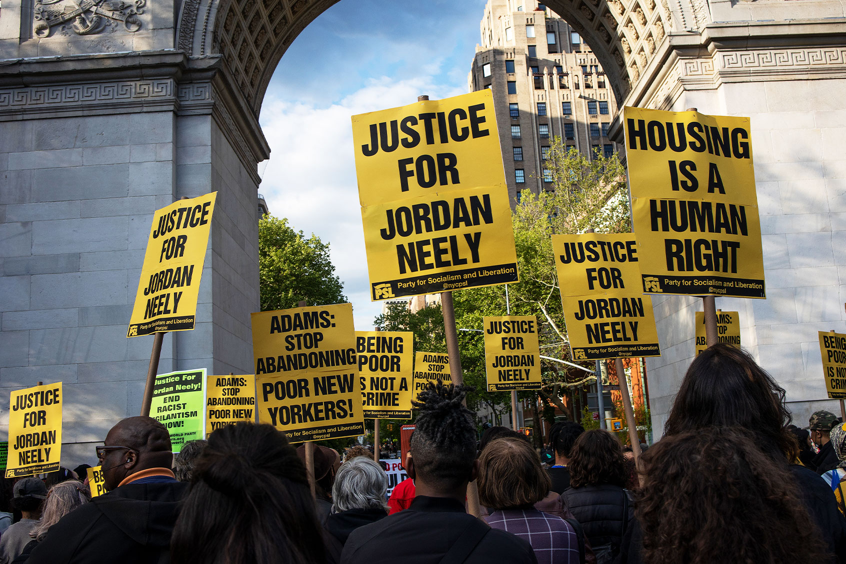 People attend a rally to protest the death of Jordan Neely, a homeless man who was choked to death on the subway, May 5, 2023, in Washington Square Park, New York City, New York. (Andrew Lichtenstein/Corbis via Getty Images)