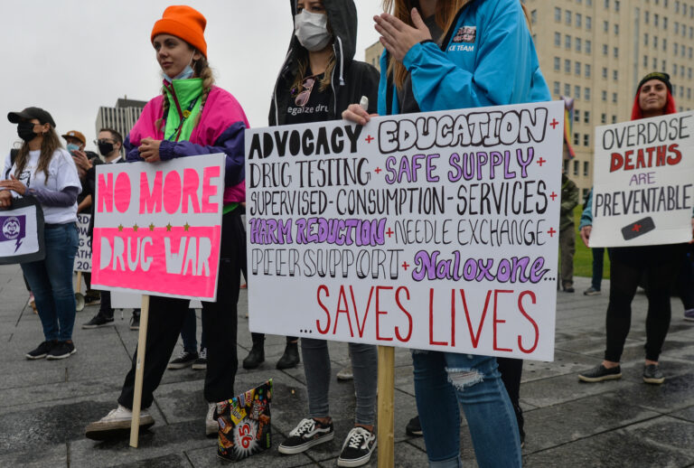 People gather for International Overdose Awareness Day on August 31, 2021, in Edmonton, Alberta, Canada. (Artur Widak/NurPhoto via Getty Images)