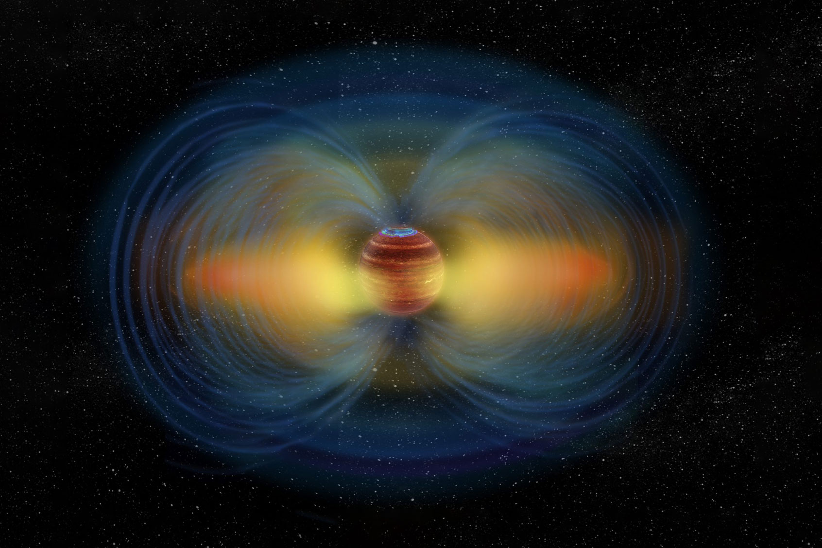 Artist’s impression of an aurora and the surrounding radiation belt of the ultracool dwarf LSR J1835+3259. (Chuck Carter / Melodie Kao / Heising-Simons Foundation)