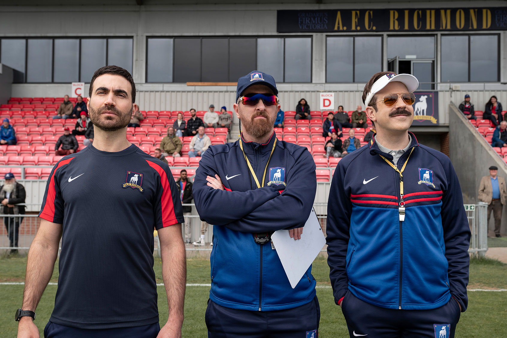 Brett Goldstein, Brendan Hunt and Jason Sudeikis in "Ted Lasso" (Apple TV+.)